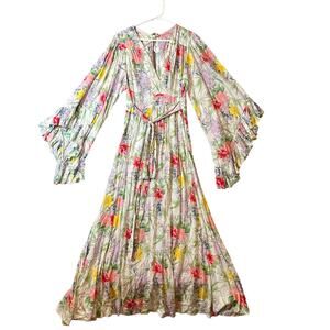 Indah White Tropical Maxi‎ Wide Sleeve Long Dress Size Small Summer Resort Wear